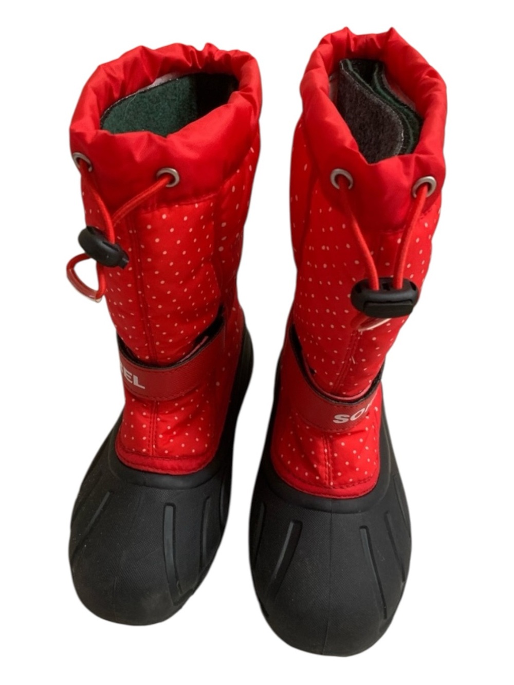 Sorel Red Flurry Print Youth Size 3 Polka Dot Winter Snow Boots Snowman